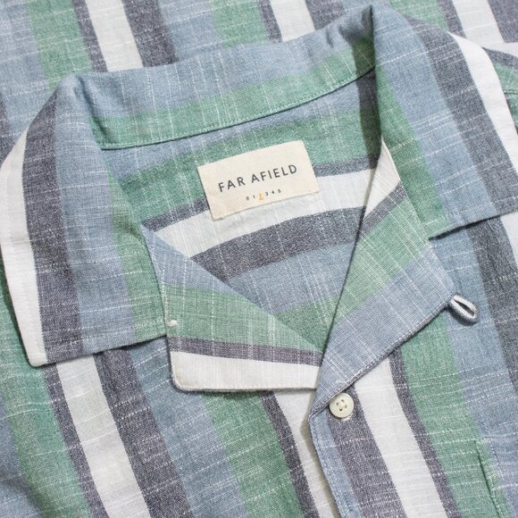 Far Afield Navy/ Green Stripe Selleck Shirt -NWT - Picture 3 of 5